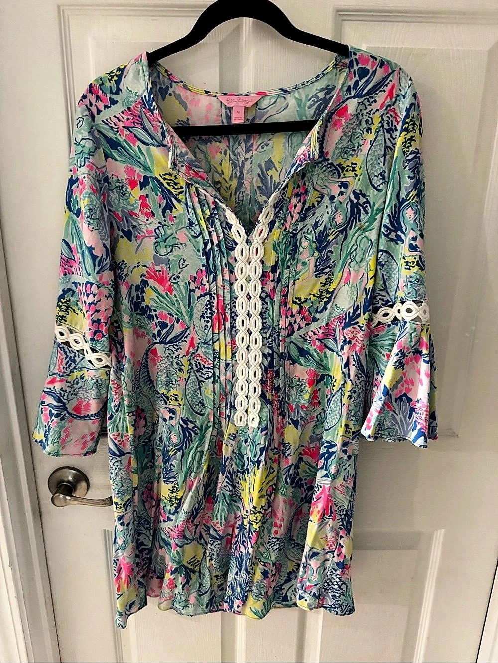 Lilly Pulitzer Jouri 3/4 Sleeve Lace Dress Floral Mini Dress Blue & Pink Medium